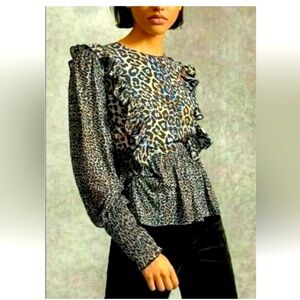 Anthropologie Blank London Moira Ruffled Peplum Shirt Leopard Top Peasant S